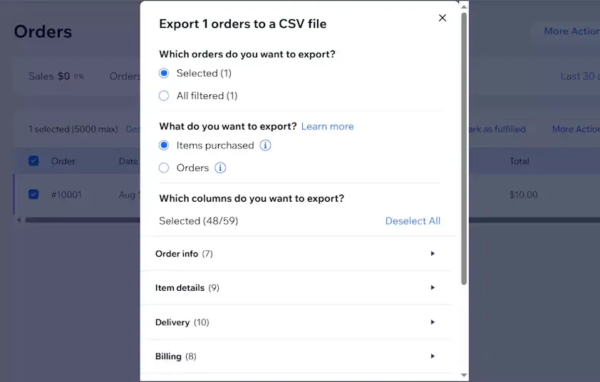 Customize orders and click Export