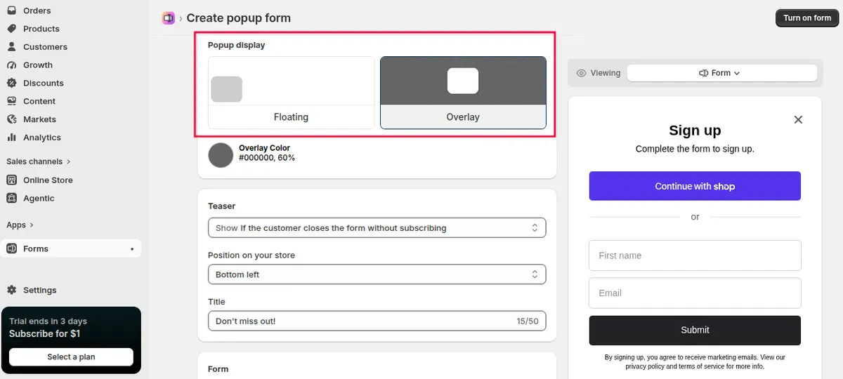 Two popup display options