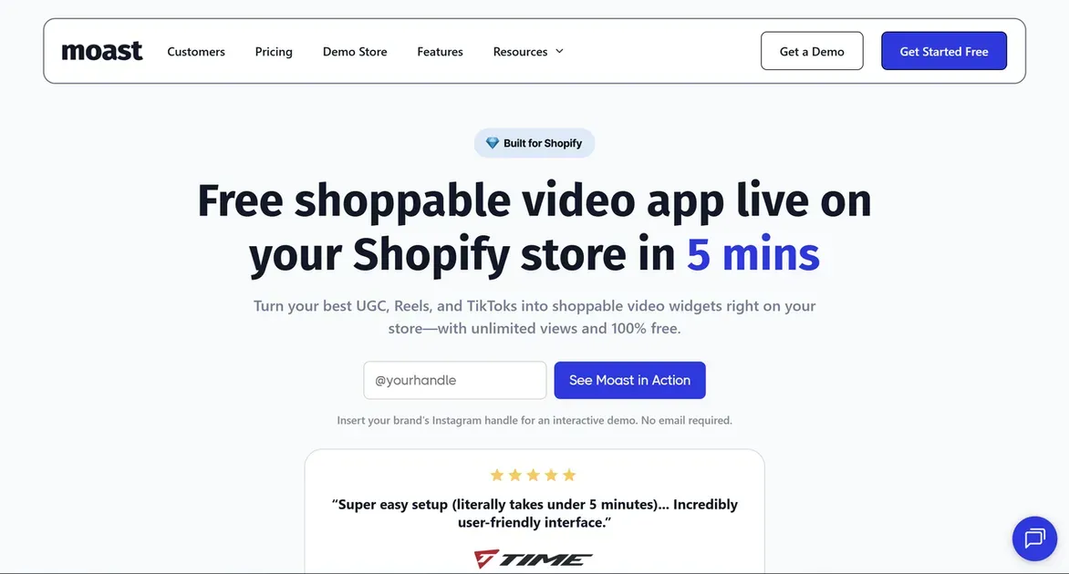 The homepage for Moast, one of the leading shoppable video tools for Shopify store owners.