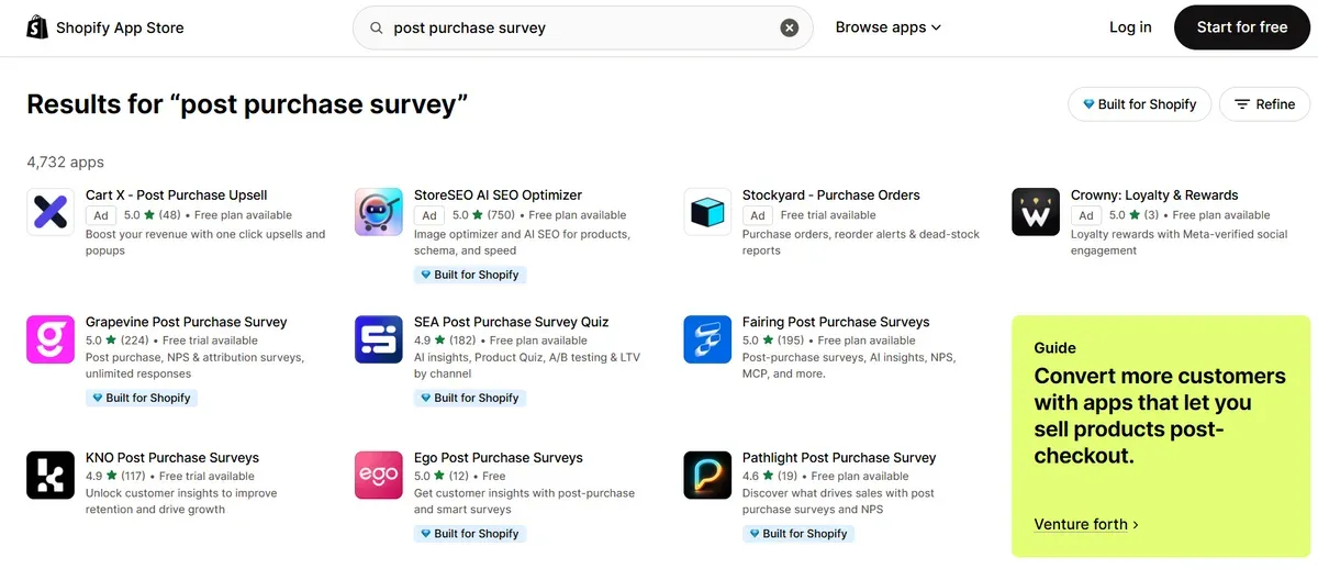 Search post purchase survey on Shopify App Store