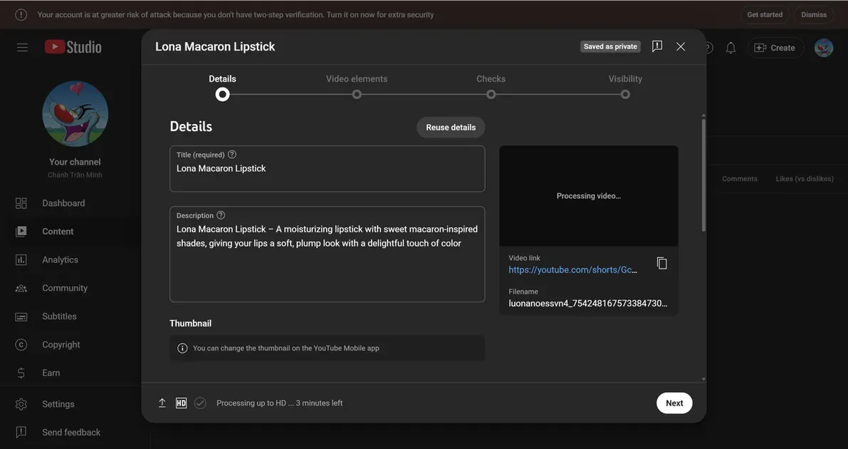 information input dialog when uploading a video to YouTube