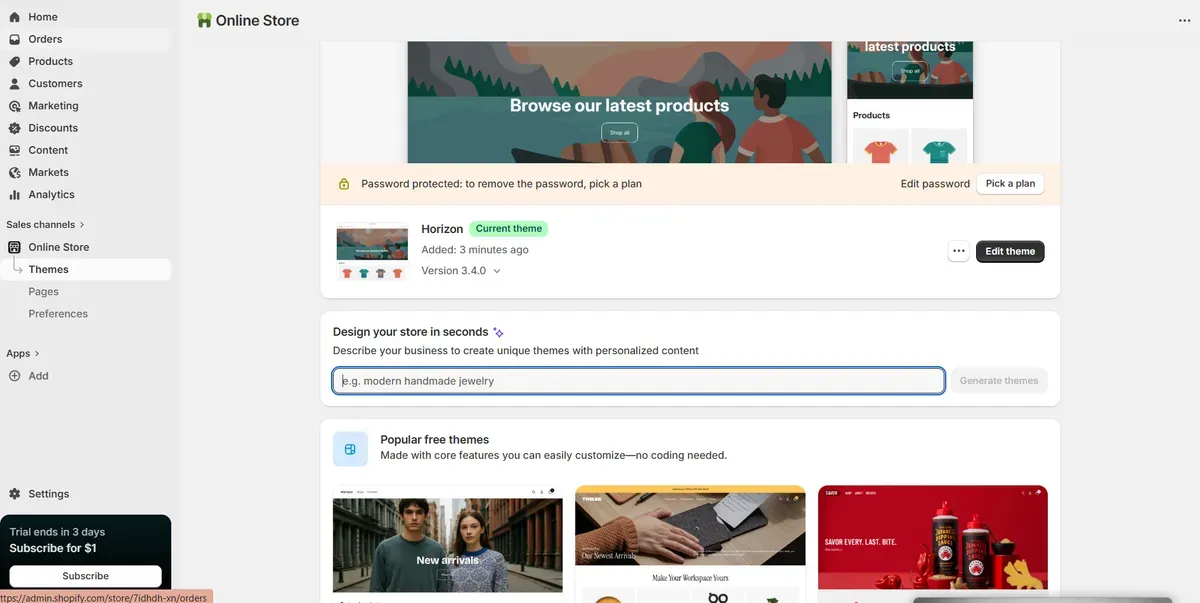 Enter your designed shop in the "Design your store in seconds" box
