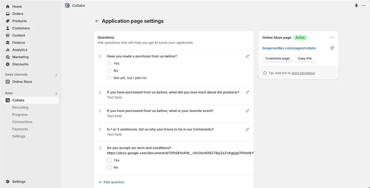 Set up the Shopify Application page