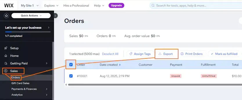 Click Sales → Orders and select orders