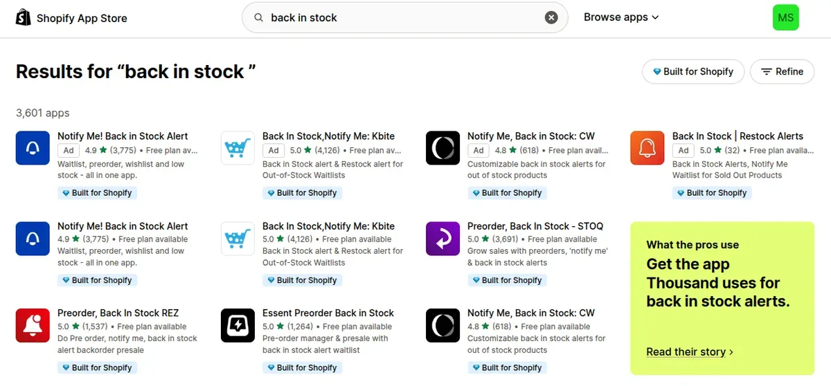 Options to set up Shopify back in stock notifications for free