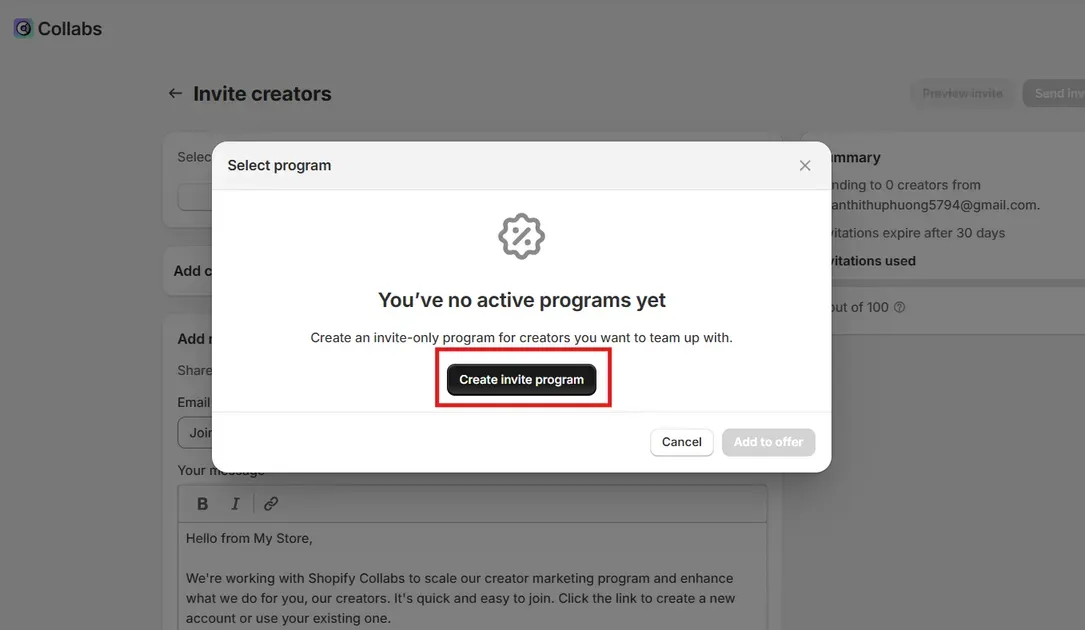 Click Create invite program