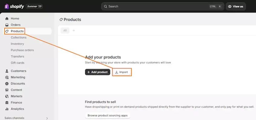 Click Products → Import
