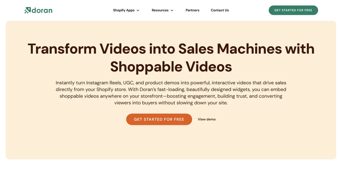 The official homepage for Doran, showcasing its tools for Shopify shoppable video.