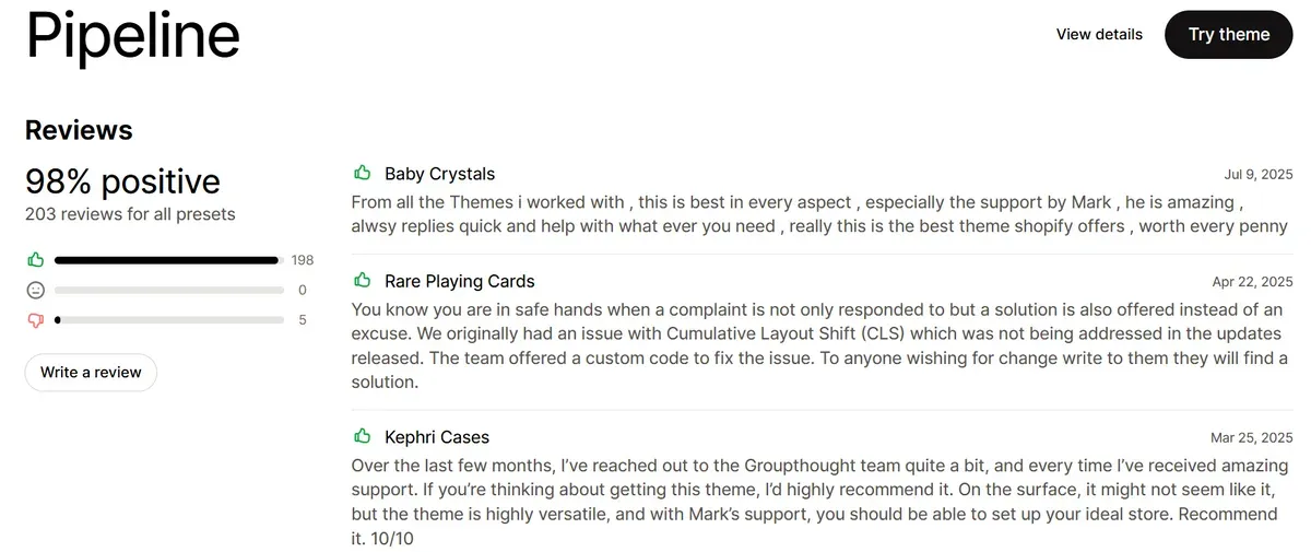 Real user reviews about Pipeline theme Shopify