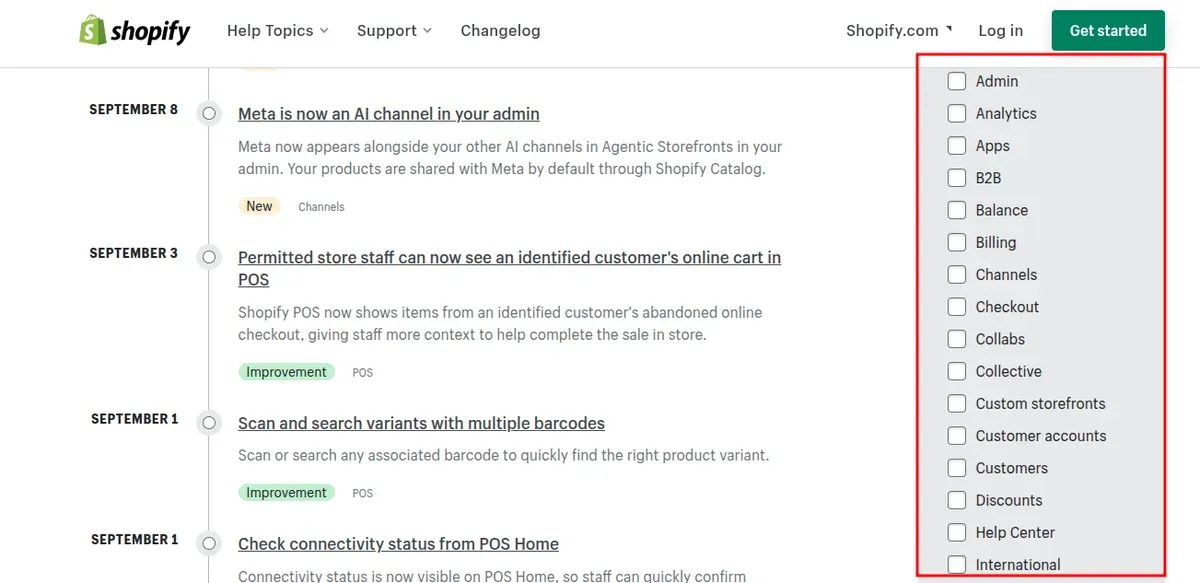 Shopify Changelog categories and updates
