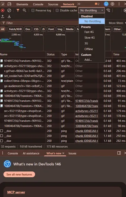 Use Network Throttling in Chrome DevTools to test the effectiveness of your Shopify theme