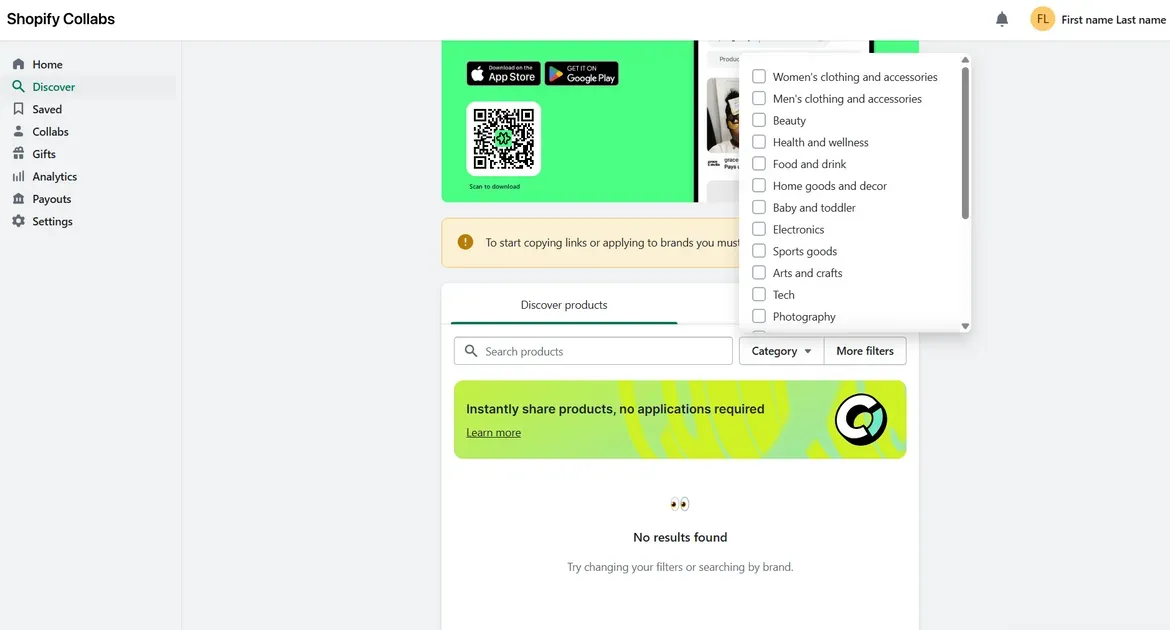 Find brands or creators based on some categories