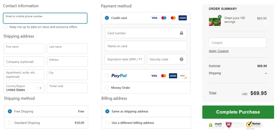 Overview of Shopify single page checkout