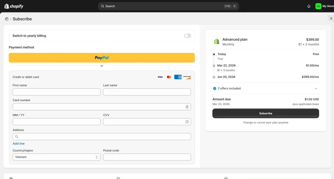 Complete the payment to start your Shopify right now