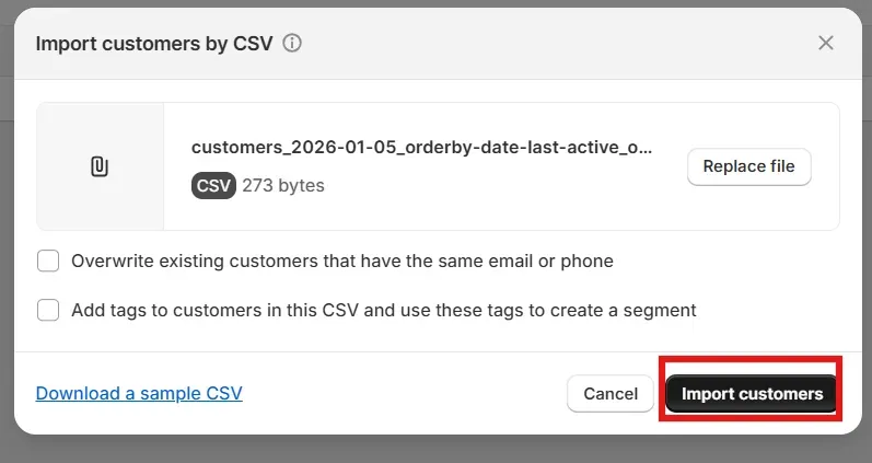 Click Import customers