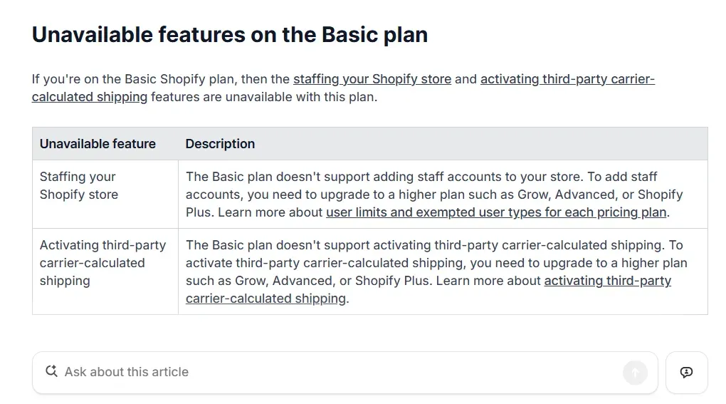 2 unavailable features in the Shopify Basic plan