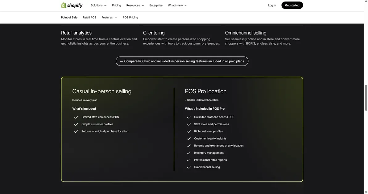 A comparison of Shopify's Casual in-person selling and POS Pro location plans.