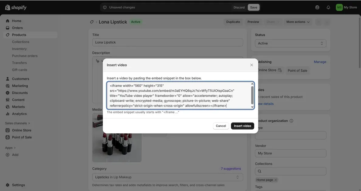 the dialog to enter the copied embed code