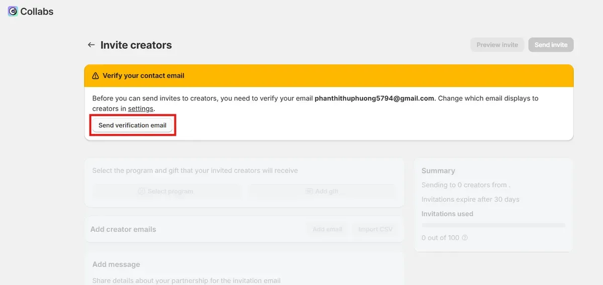 Click on Send verification email