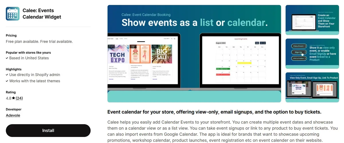 Calee: Events Calendar Widget