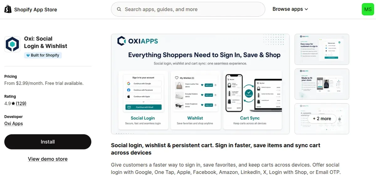 Oxi: Social Login & Wishlist