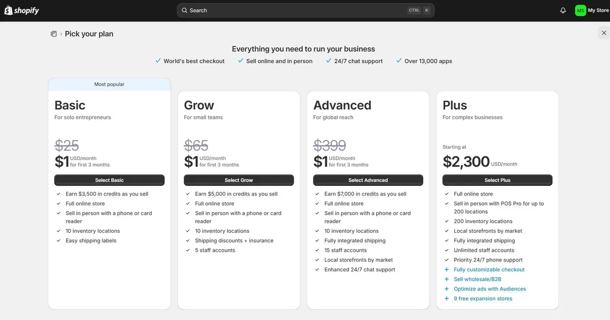 Shopify 3 months for $1 deal applies to Basic, Grow and Advanced plan