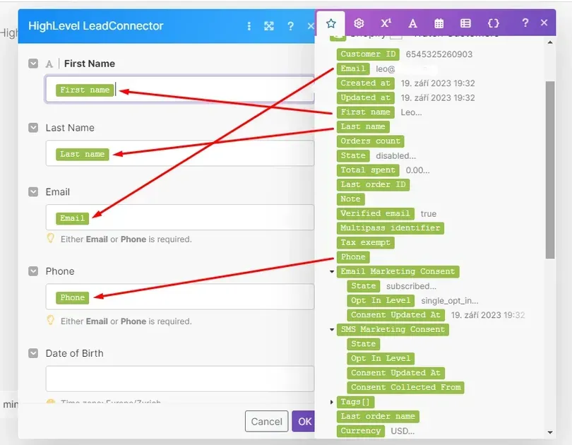 Drag and drop fields from Shopify module