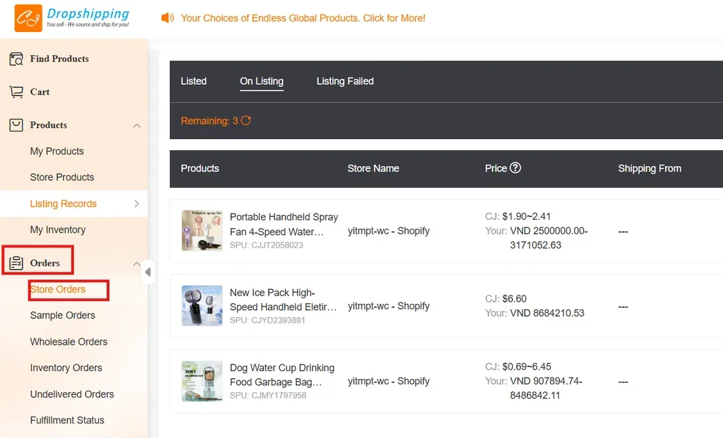 Click Orders > Store Orders