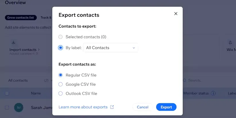 Select contacts and click Export