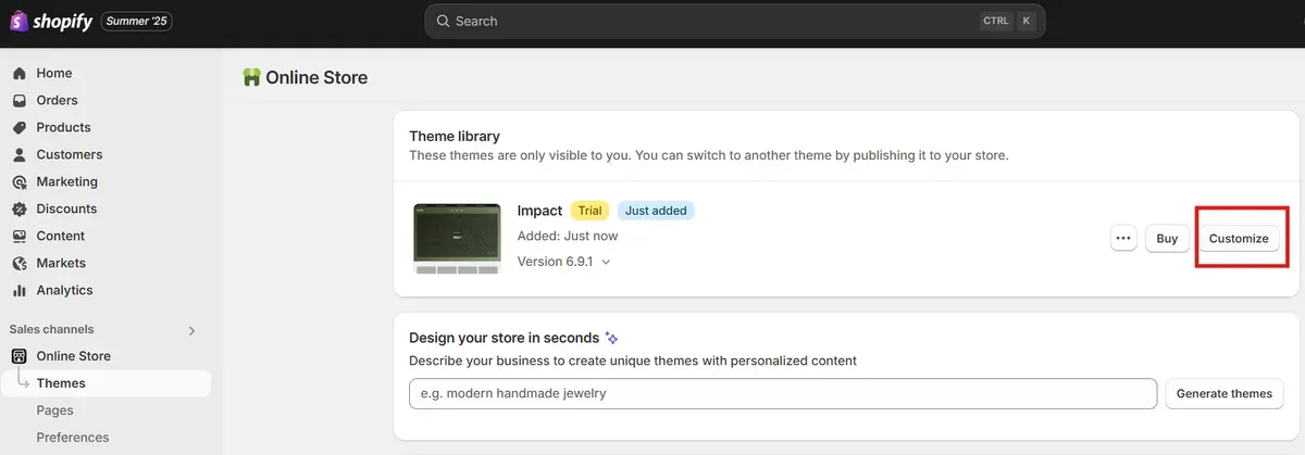 Click "Customize" to preview Impact them Shopify free