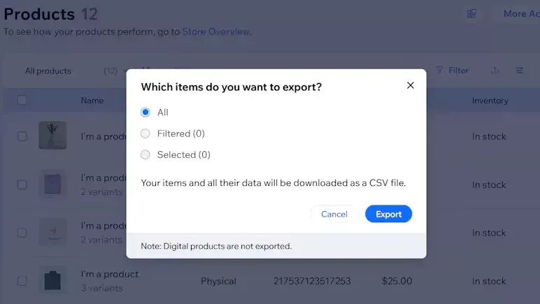 Choose products and click Export