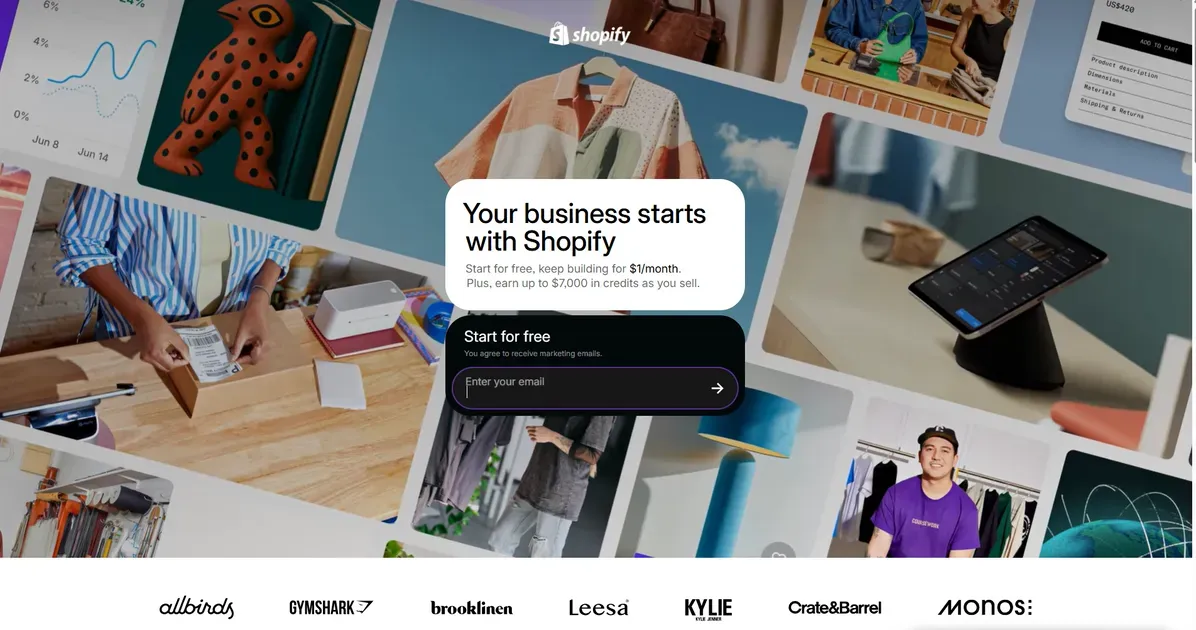 Enter your email in the blank box to start the Shopify $1 for 3 months plan