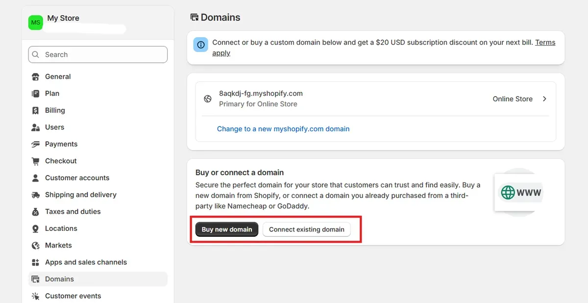 Click Connect Existing Domain