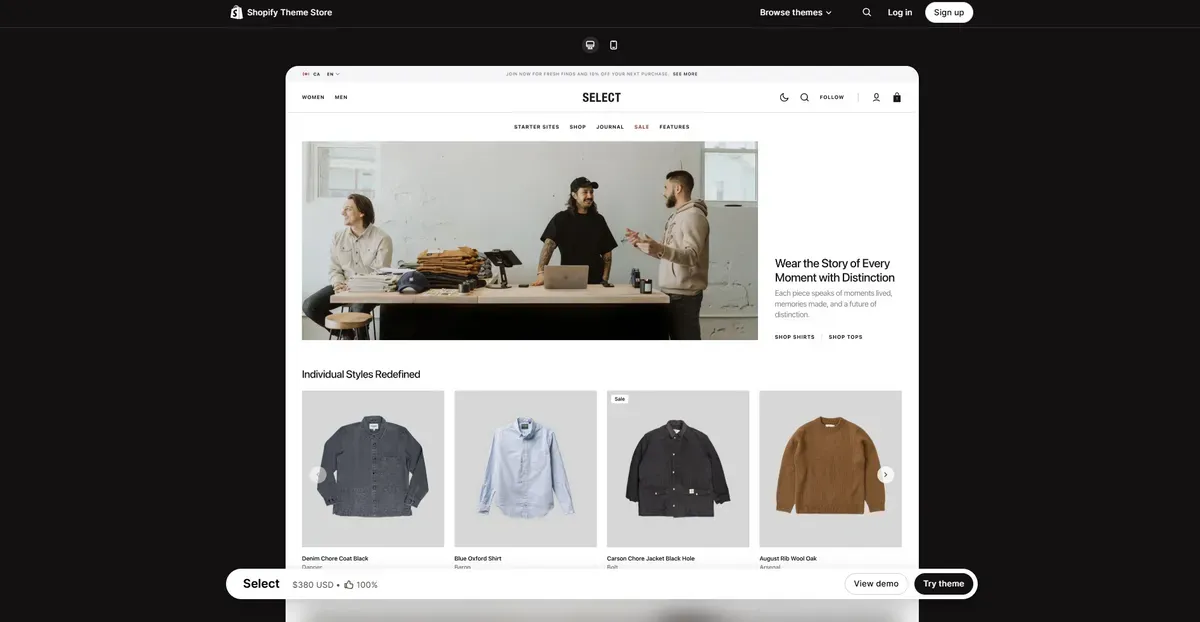 Select can be considered as the best Shopify theme for mobile phone if you sell clothes