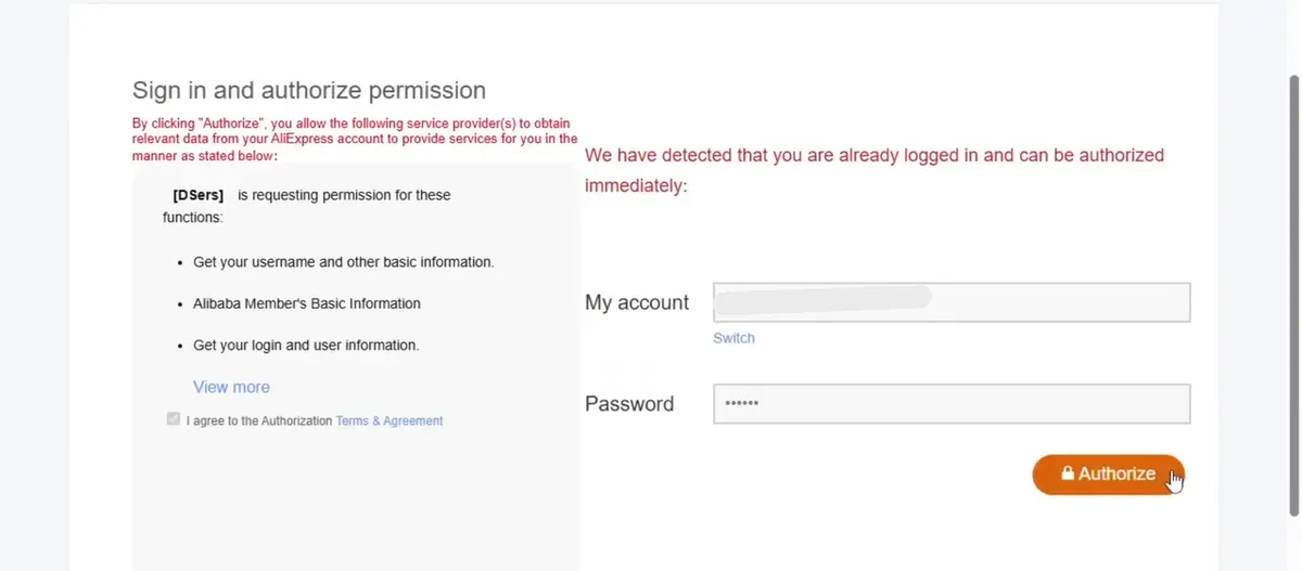 Enter account and password and click Authorize