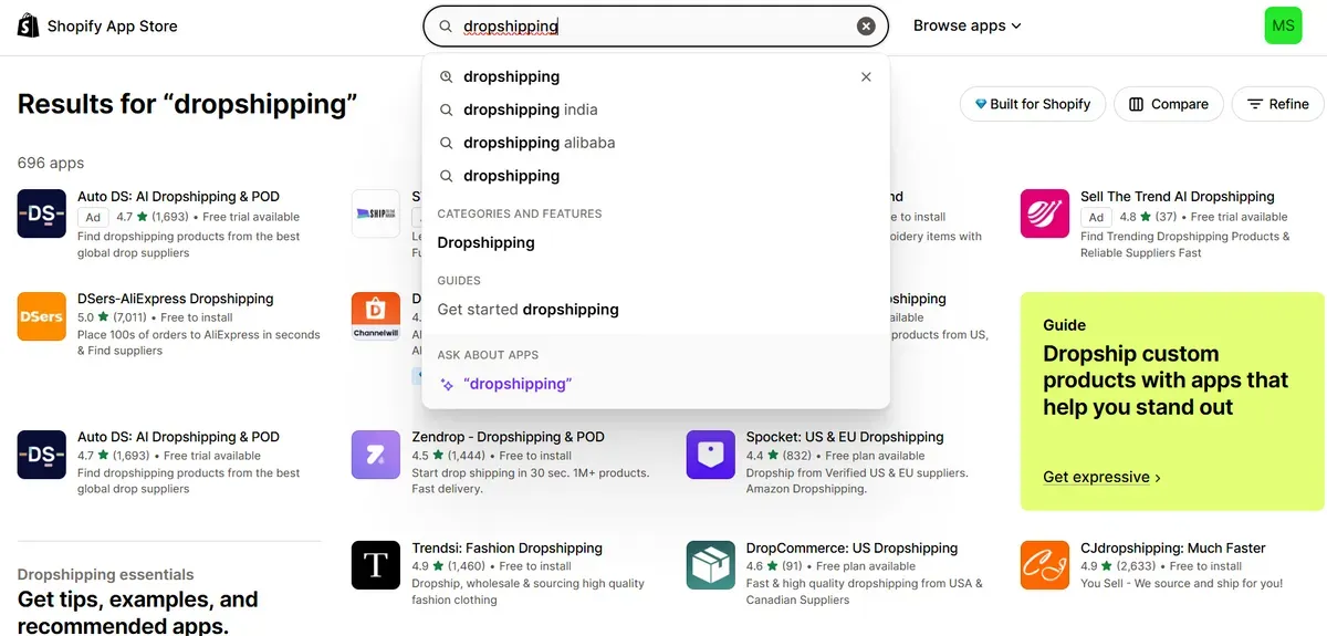Click Apps > Shopify App Store > Search "dropshipping"