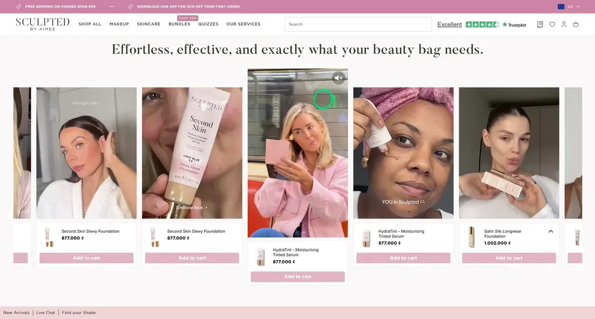 Sculpted by Aimee boosts sales by making their video content instantly shoppable directly on the homepage.