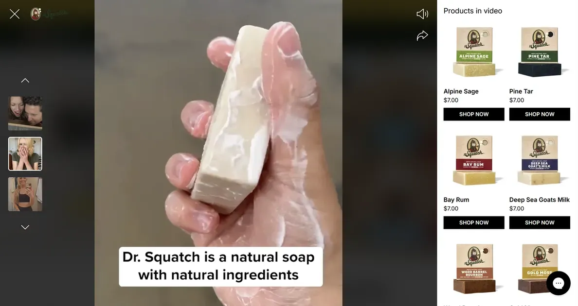 Dr. Squatch adds shoppable videos to Shopify by featuring UGC clips on their homepage to showcase best-selling soaps