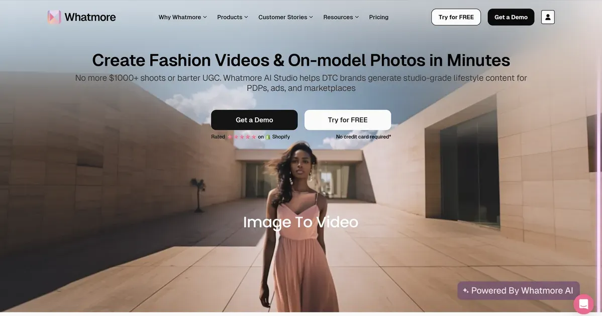 Whatmore homepage, a solution for interactive shoppable video on Shopify.