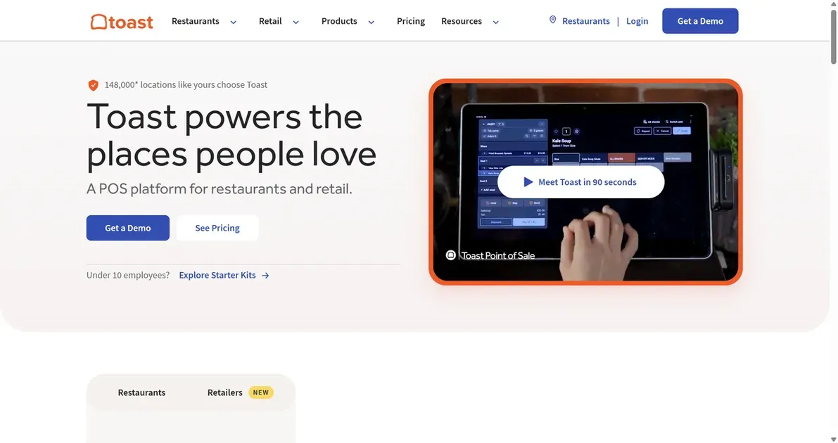 A homepage for Toast, a POS platform designed for restaurants and retail