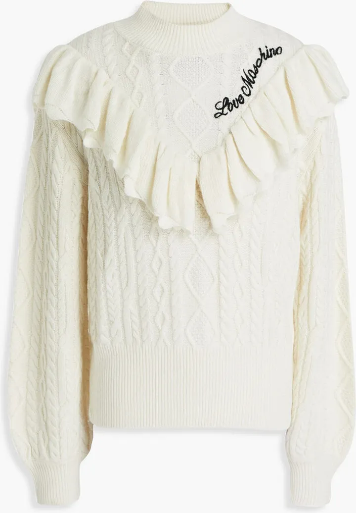 Embroidered ruffled cable-knit turtleneck sweater