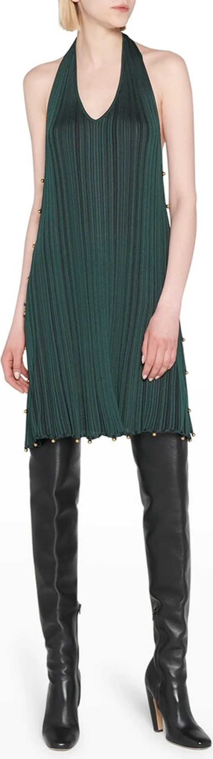 Open-Back Halter Plisse Dress