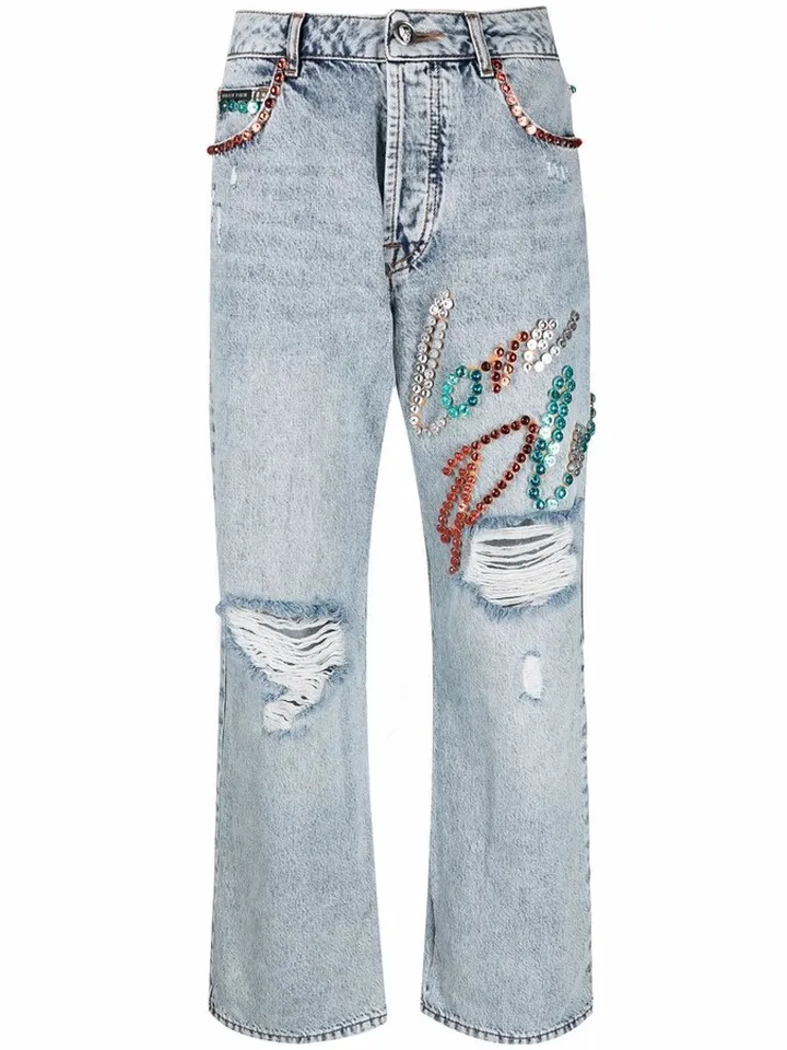 Stud-Embellished Wide-Leg Jeans