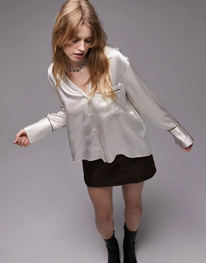 Topshop relaxed shirt in oyster with olive piping