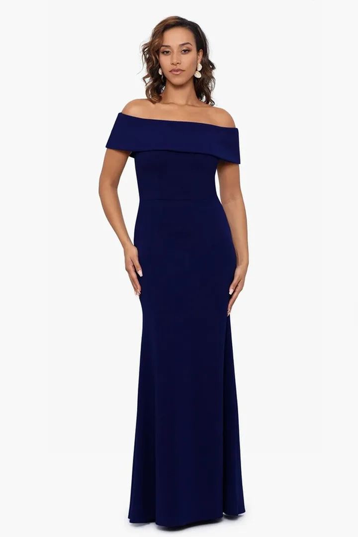 Long Off The Shoulder Crepe Ruched Gown