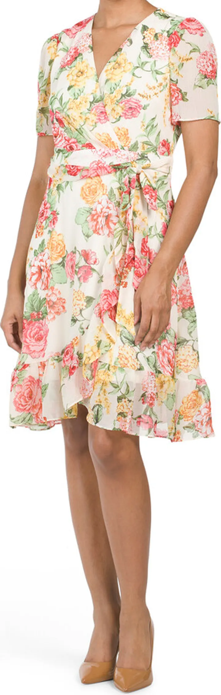 Short Sleeve Ruffle Faux Wrap Mini Dress