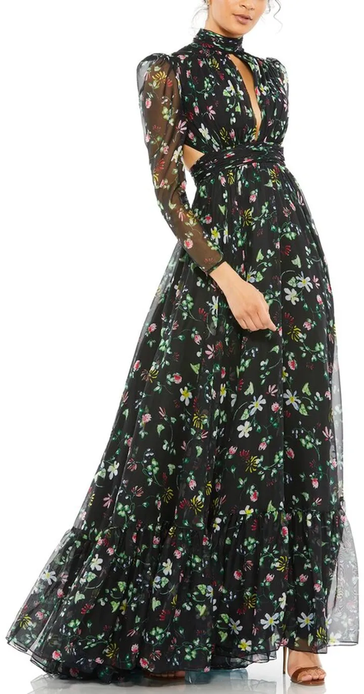 Long Sleeve High Neck Chiffon Floral Gown