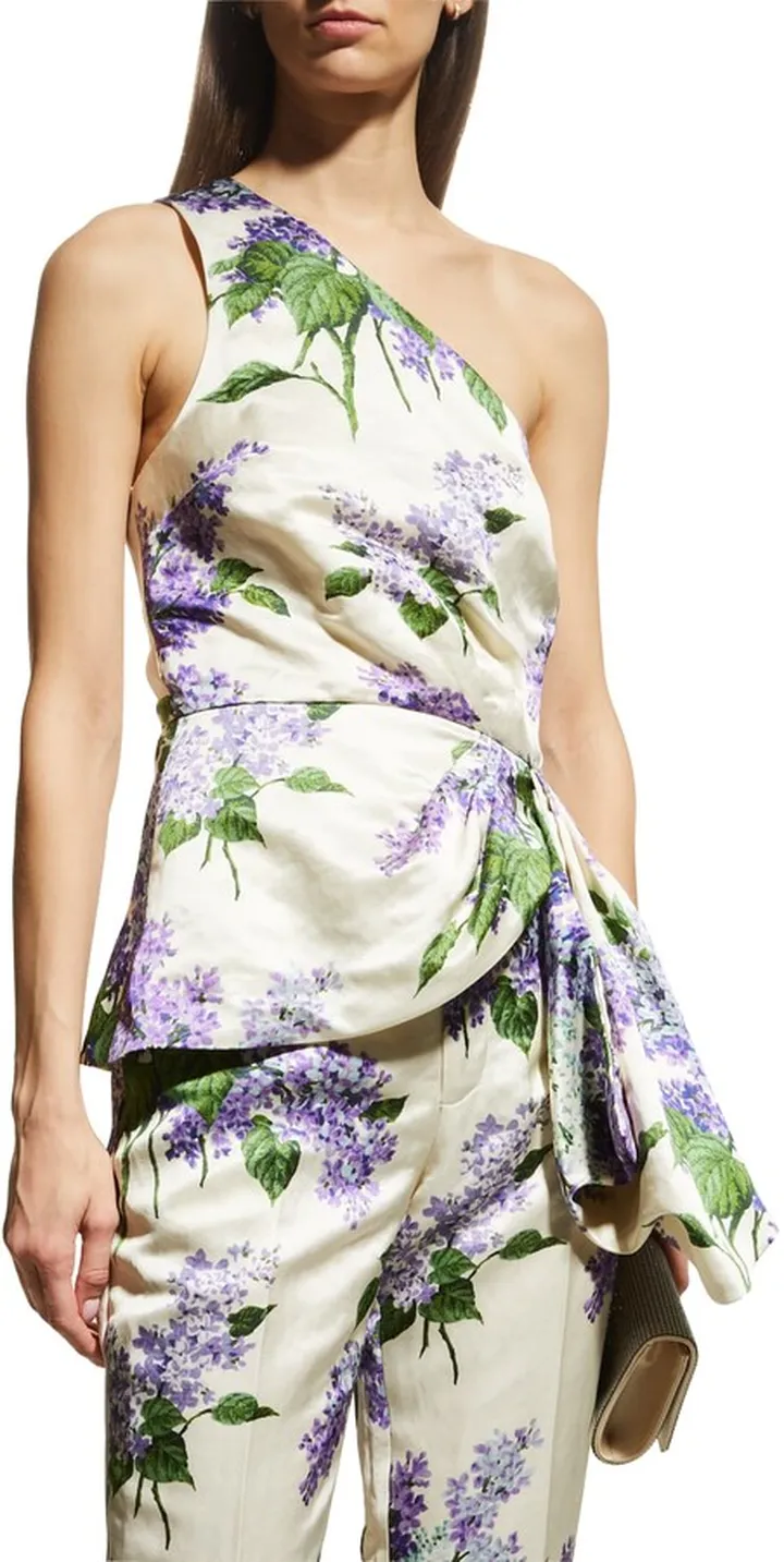Lilac Garden One-Shoulder Linen Blouse