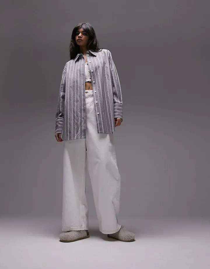 Topshop oversized crinkle deep cuff stripe shirt in gray