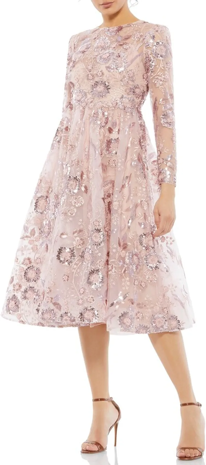 Sequin Floral Long Sleeve A-Line Midi Dress